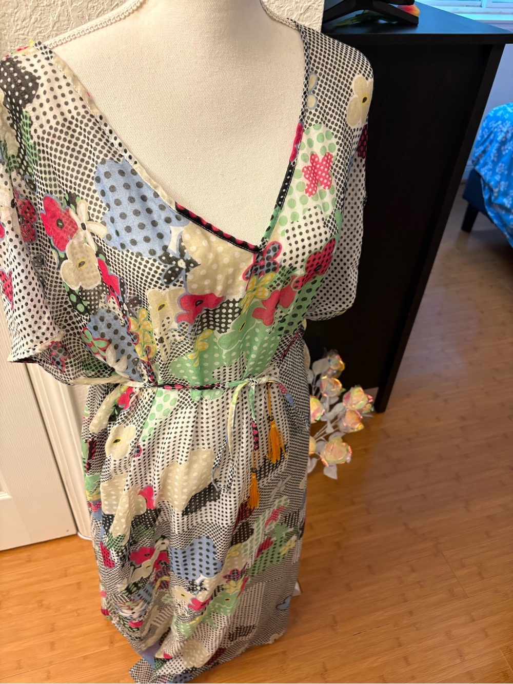 Karl Lagerfeld Pink, Black, Cream Floral & Polka Dot Dress